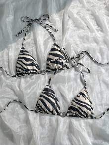Swim Vcay 女士斑马纹吊带系带比基尼上衣，适合夏季度假 - 彩色 - 查看 3