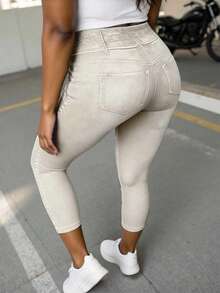 INAWLY Plus Size Women Fashion Versatile Denim Effect Print Ripped Zipper Skinny 3/4 Leggings - Black - View 2