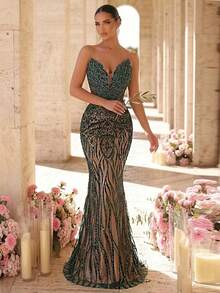 Glamrae 优雅奢华的珠绣亮片网纱面料，适合婚礼、派对、舞会、晚礼服（重工刺绣） - 墨綠色 - 查看 7