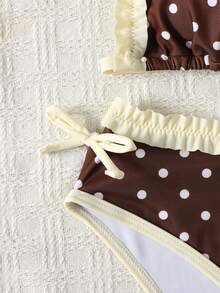 SHEIN Teen Girls Vintage Brown With White Polka Dot Print Cute Cake Ruffle Halter Low Waist Bikini Set, Summer Style Teen Girl - Brown - View 2