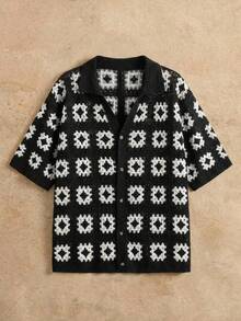 HIMLAND Men's Allover Print Button-Front Short Sleeve Knit Top, Summer - Black - View 2