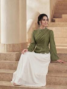 Anewsta Women's Solid Color Mandarin Collar Asymmetrical Rhinestone Embellished Flared Soft Elegant Dress - Army Green - View 4