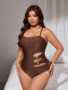 Swim Lushoire 2026 New Plus Size Women's Coffee Strapless Hollow-Out One-Piece Swimsuit, Elegant Ladies Beach Swimwear, Summer Holiday Outfit, Classy Beachwear - Coffee Brown - View 3