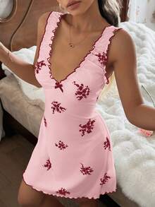CottageSlumber Women's Floral Print V-Neck Ruffle Trim Bow Decor Nightgown - Multicolor - View 3
