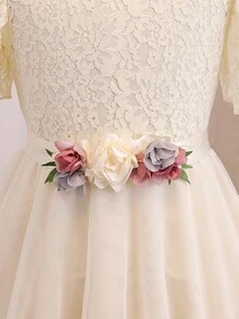 Đầm dài ren phối lưới màu mơ cho bé gái, tay ngắn, kiểu dáng thời trang mới, thích hợp cho các bữa tiệc. - Màu be - Xem 4