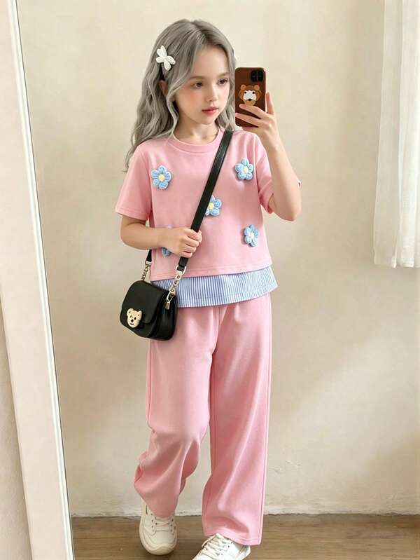 Souflis Souflis 2-Piece Set Young Girls' Korean-Style Loose-Fit Light Pink Summer 3D Floral T-Shirt Set, Includes A Short-Sleeve Striped Hem Top And Wide-Leg Pants