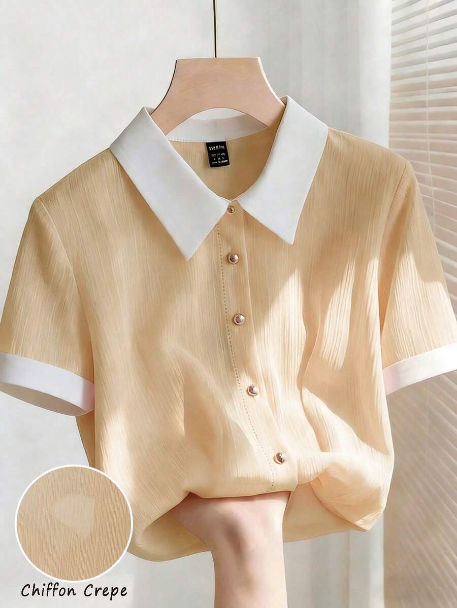 SHEIN Franclia 女士优雅粉色雪纺褶皱白色领宽松短袖衬衫 - 駝色 - 查看 1