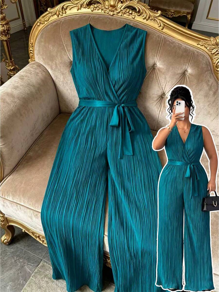 Elenzga Große Größen Damen Vintage Minimalistische ärmellose V-Ausschnitt Falten Taille Gürtel Lang Jumpsuit, Grün - Grün - Übersicht 1