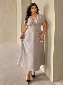 SHEIN Essnce Plus Size Summer Khaki Elegant Everyday Women's Crossover Wrap Pleated Slim Waist Shirt Blouse Dress Textured Suit-Style Mermaid Flare Sleeve Dress - Khaki - View 4