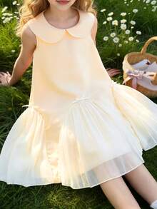 Elladie kids 1pc Girls' Sweet Peter Pan Collar Bow Splice Mesh Sleeveless A-Line Dress, Suitable For Daily Gatherings, Festivals And Celebrations, Princess Dress - Apricot - View 4