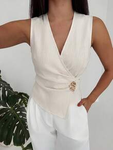 Aloruh Women's Solid Color Metal Waist Design Ruched Asymmetric Hem Sleeveless Blouse Summer Outfit Sleeveless Wrap Top Womens Business Casual Elegant Top,Summer Top - Beige - View 6