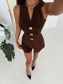 Aloruh Women's Fashionable Versatile Metal Decor Jumpsuit, Suitable For Daily Wear And Dates - Brown - View 3