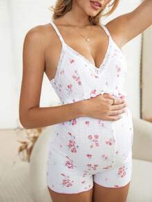 GentleRue Maternity White Summer Glam Silky Family Matching Maternity Rose Floral Pattern U-Neck Bowknot Back Jacquard Knit Jumpsuit Romper Baby Shower Outfit Clothes Set - Pink - View 5