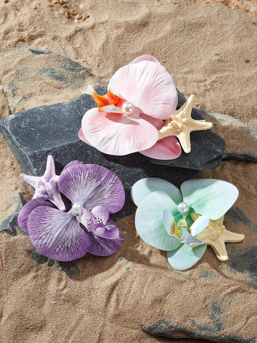 Opalesca 4件套优雅个性化甜美海星贝壳仿真兰花海滨度假风发夹,多功能女士发夹,发饰,头部饰品,女士发饰 - 彩色 - 查看 1