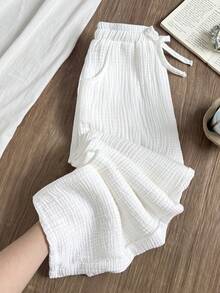 SHEIN 青少年女孩夏季純色紋理皺褶布料寬鬆抽繩綁帶純棉休閒度假寬腿褲 - 白色 - 查看 5