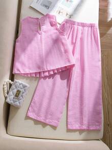 Elladie kids 女童简约时尚蓝白条纹蝴蝶结装饰褶皱无袖上衣搭配宽松直筒裤套装，活泼休闲的春夏装扮 - 玫紅色 - 查看 2