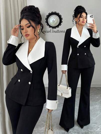 Elenzga Plus Size Women's Fashion, Commuter, Notched Collar, Color Block, Decorative Button Design, Flare Leg Knit Suit Two Pieces Set