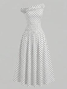 SHEIN 少女優雅露肩A字洋裝，黑白波點禮服模特兒裙 - 黑與白 - 查看 2