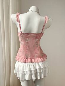 Elamini Women's Sweet Embroidered Mesh Lace Patchwork Shirt, Sexy Camisole Vacation Top, Summer - Pink - View 2