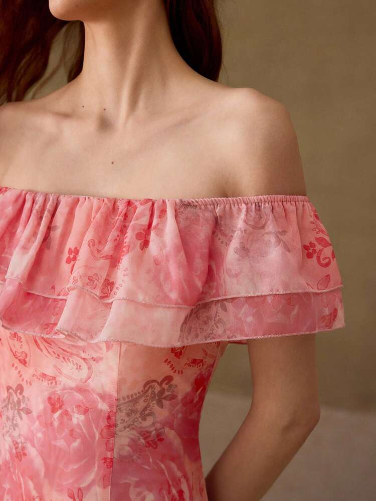 WOMEN'S FLORAL PRINT ONE-SHOULDER RUFFLE HEM DRESS, ELEGANT SUMMER