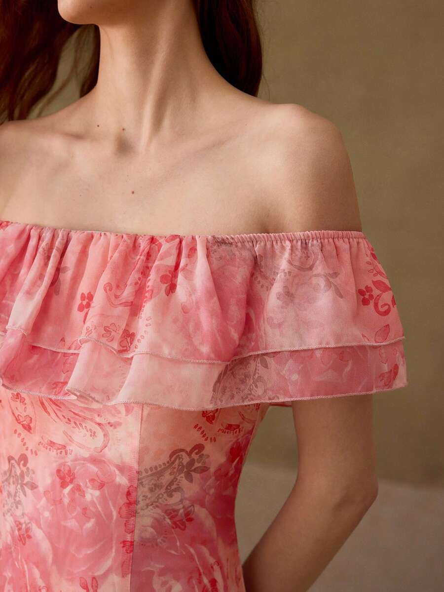 MOTF PREMIUM WOMEN'S FLORAL PRINT ONE-SHOULDER RUFFLE HEM DRESS, ELEGANT SUMMER - Pink - View 2