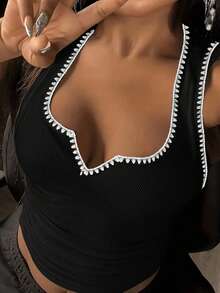 Slaydiva Versatile Casual Black & White Contrast Shell Flower Graphic Loose Fit Tank Top, Minimalist Style Suitable For Summer, Plus Size - Black and White - View 6