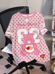 SHEIN X Care Bears Plus Size Polka Dot Bear & Number Print T-Shirt - White - View 1