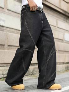 Manfinity EMRG 男士时尚线条设计奢华水洗宽松阔腿牛仔裤 - 黑色 - 查看 1