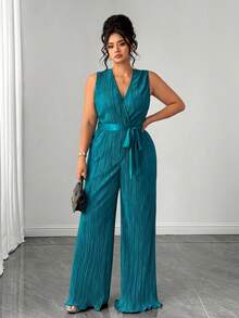 Elenzga Große Größen Damen Vintage Minimalistische ärmellose V-Ausschnitt Falten Taille Gürtel Lang Jumpsuit, Grün - Grün - Übersicht 8