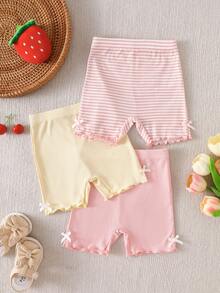 SHEIN 3件套女婴幼儿0-3岁春夏新款休闲运动弹力罗纹针织柔软柔和色调粉色米色灰色三件套修身短裤套装，适合居家和户外穿着 - 彩色 - 查看 5
