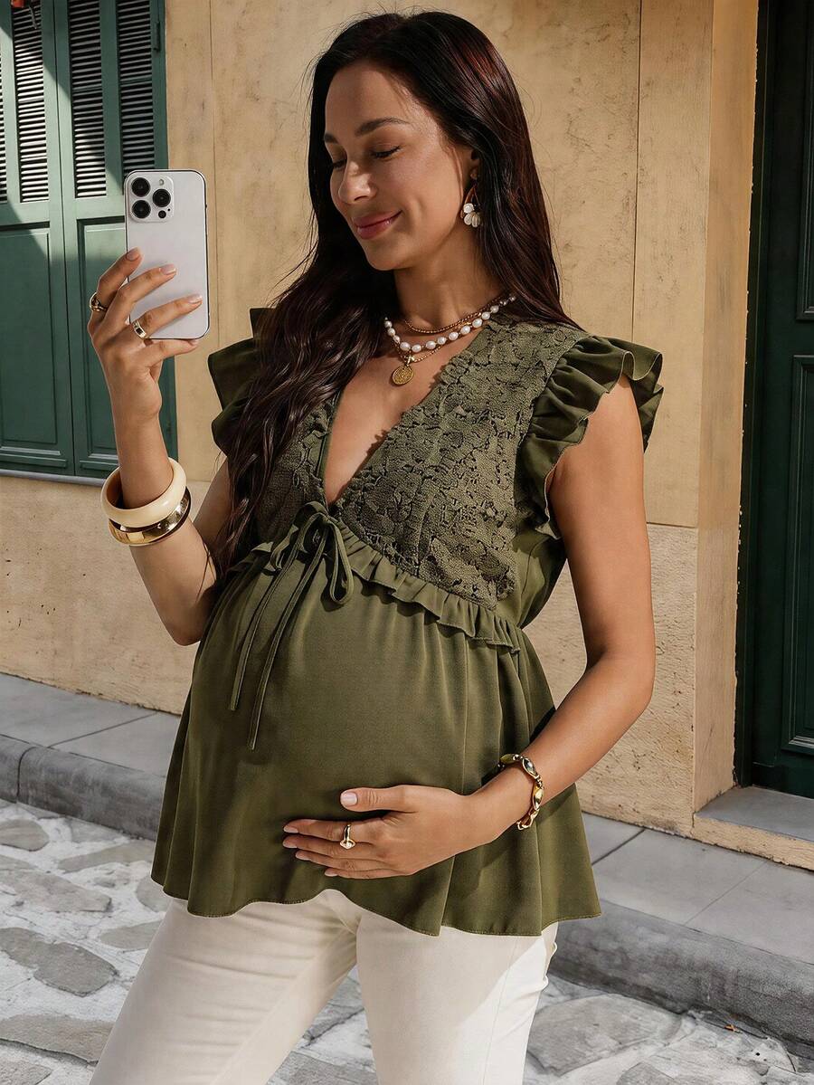 SHEIN Maternity Elegant Sage Green Summer French Style Lace Patchwork V-Neck Ruffle Hem Blouse,Chic Pregnant Women Holiday Outfits Solid Color Top - Army Green - View 1