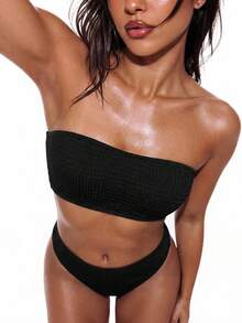 SHEIN Swim 2026春夏女士无肩带露背性感度假侧高衩比基尼泳衣两件套 - 黑色 - 查看 3