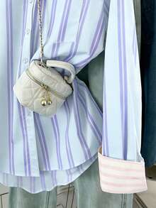 INAWLY 女士条纹单排扣休闲百搭日常长袖衬衫 - 藍色 - 查看 5
