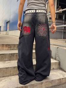 ROMWE MEN Men's Loose Fit Spider Embroidery Design Jeans - Black - View 2