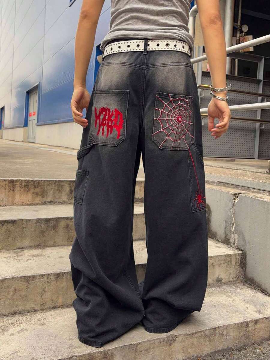 ROMWE MEN 男士宽松版型蜘蛛刺绣设计牛仔裤 - 黑色 - 查看 1