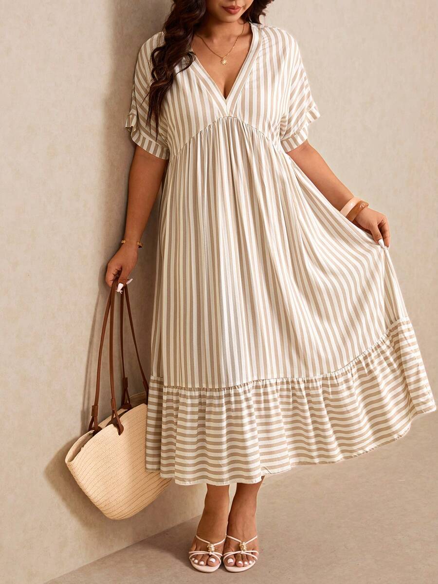 Elaquor Vestido de moda con volantes en el bajo para mujer de talla grande a rayas - Albaricoque - Ver 1