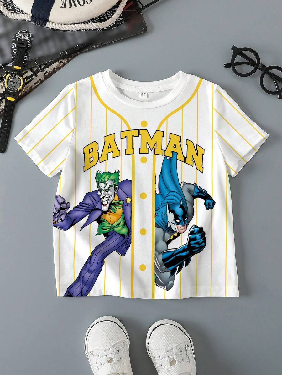 BATMAN X SHEIN 男童短袖全印花T恤 - 白色 - 查看 1