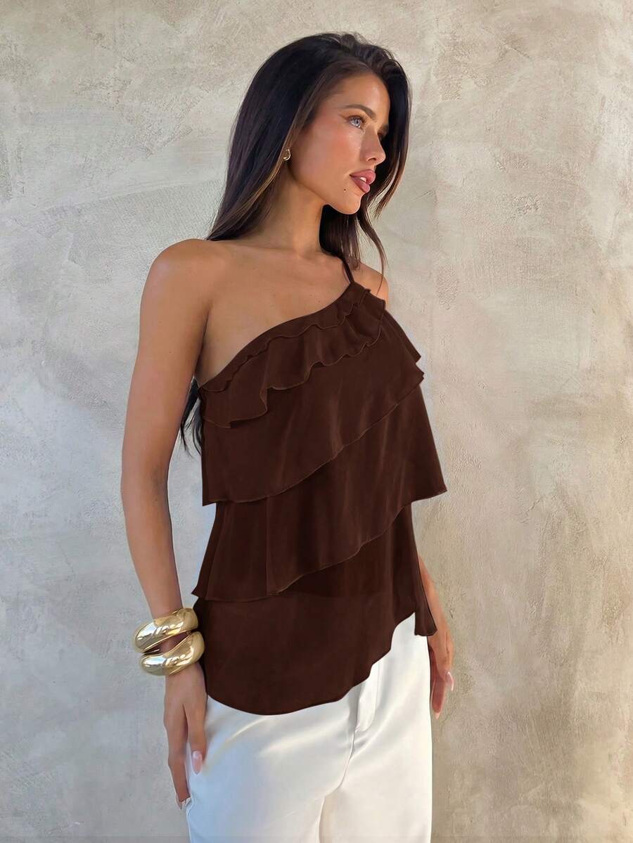 Aloruh Dark Brown Elegant Night Out Summer One-Shoulder Backless Layered Ruffle Blouse, Valentine's Day Wedding Pink Chiffon Beach Shirt Top - Brown - View 1