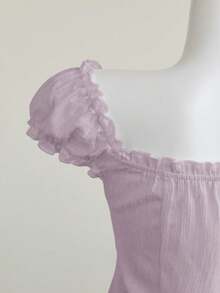 Elamini White Sexy Off Shoulder Petal Sleeve Frill Trim Fitted Blouse, Slimming Fit For Spring/Summer Vacation - Mauve Purple - View 4