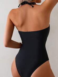 Swim Basics 热销海滩度假黑色性感连体泳衣，修身腰部设计，适合游泳、海滩度假、派对 - 黑色 - 查看 2