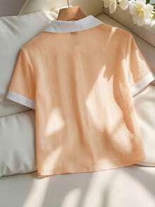 SHEIN LUNE 女士优雅粉色雪纺褶皱白色领宽松短袖衬衫 - 橘色 - 查看 2