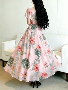 Modelyn 女款粉色花卉方領荷葉袖長洋裝，熱帶扶桑花與椰子樹碎花夏日度假茶會度假洋裝 - 彩色 - 查看 2
