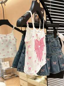 SHEIN Parte superior de camisola estilo minimalista casual coreano, con estampado elegante y delicado de lazo, adecuado para verano, cómodo y con estilo para niñas, primavera y verano - Blanco - Ver 7