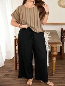 Lacomfia Women's Striped Top And Wide Leg Textured Pants Set, Casual And Versatile, Plus Size - Multicolor - View 6