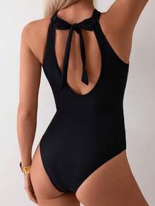 Swim Lushoire Traje de baño de una pieza con cuello halter y diseño calado delicado para mujer, ideal para nadar, vacaciones y playa en verano - Negro - Ver 2