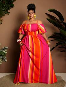 SHEIN CURVE+ Plus Size Sexy Off-Shoulder Cinched Waist Dress, Flattering Fit, Suitable For Halloween, Spring/Summer - Hot Pink - View 7