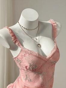 Elamini Women's Sweet Embroidered Mesh Lace Patchwork Shirt, Sexy Camisole Vacation Top, Summer - Pink - View 6