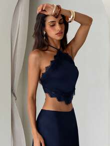 Conjunto de dos piezas de top halter con encaje de contraste y falda para mujer, moda casual de vacaciones - Azul marino - Ver 3