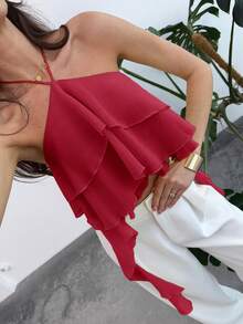 Aloruh 女士纯色露背吊带度假沙滩上衣 - 紅色 - 查看 6