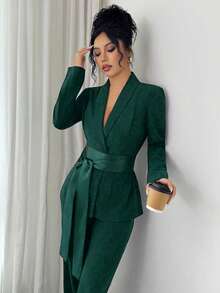SHEIN Elenzya Women's Elegant Romantic Suit Set, Long Sleeve Fabric Patchwork Waist Fitted Blazer And Straight Leg Pants - Dark Green - View 6
